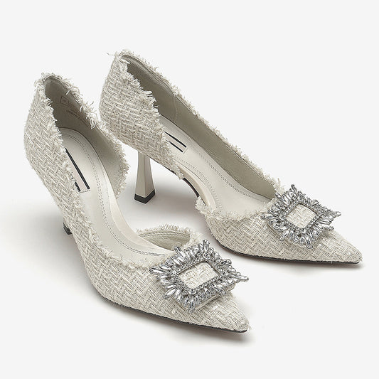 Elegant tweed high heel pumps with crystal buckle, FashionRay trendy women's shoes