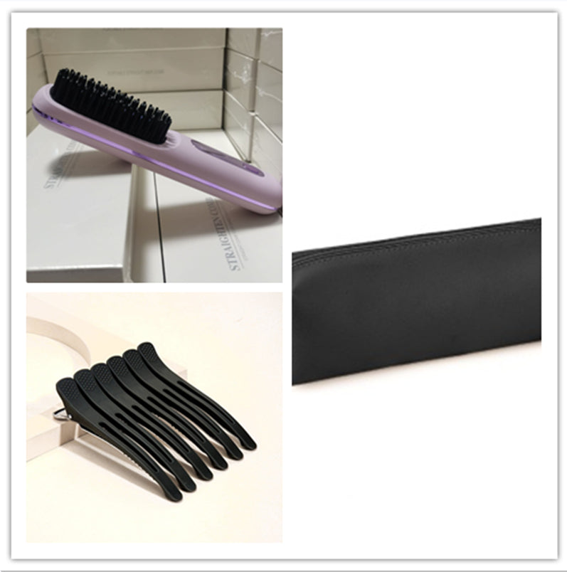 Purple hair straightening brush, black hair clips, and black pouch on FashionRay.