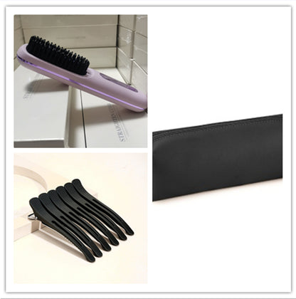 Purple hair straightening brush, black hair clips, and black pouch on FashionRay.