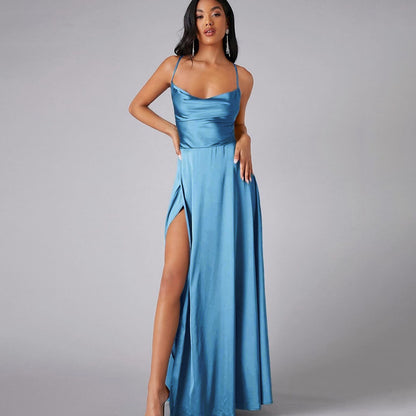 Summer Sexy Slimming Backless Strap Long Split Dress Women's Fashion High Waist Belted Gown V-neck