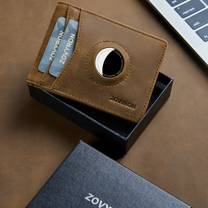 Brown leather ZOVRON minimalist wallet with card slots and coin holder on gift box