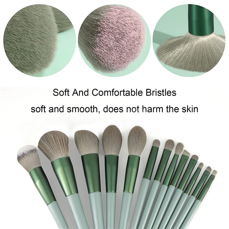 Set of green-handled makeup brushes with soft bristles, ideal for gentle, comfortable application