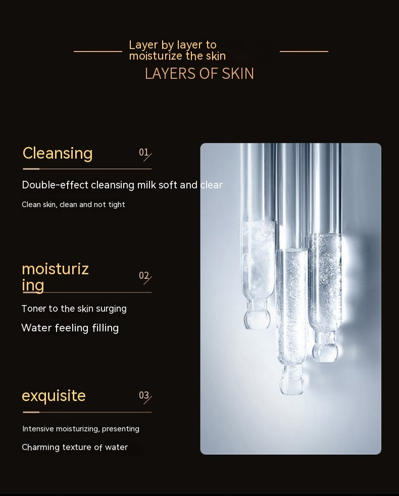 Three glass test tubes with clear liquid showcasing skincare cleansing and moisturizing steps with text on a FashionRay promo background.
