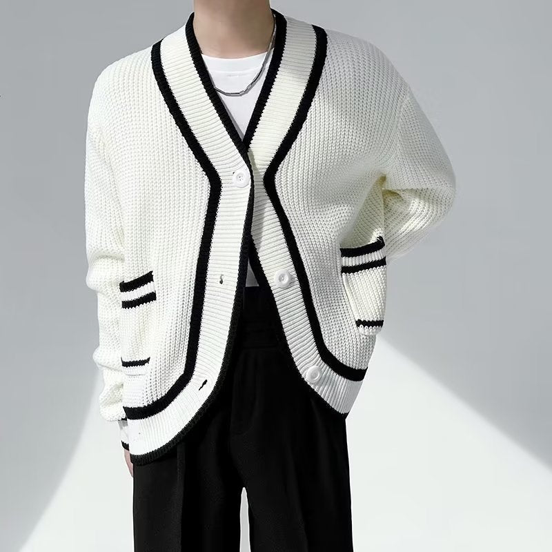 White knit cardigan with black trim, modern casual fashion from FashionRay.