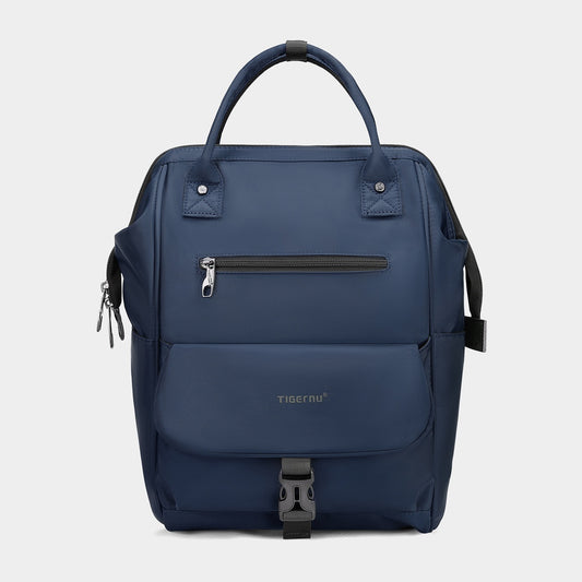 Navy blue Tigernu backpack with top handles, front zip pocket, and buckle, on white background.