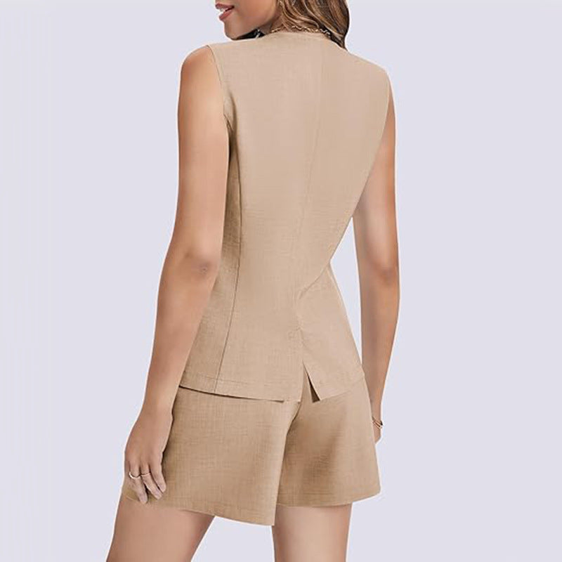 Woman wearing a sleeveless beige vest and shorts set from FashionRay, back view
