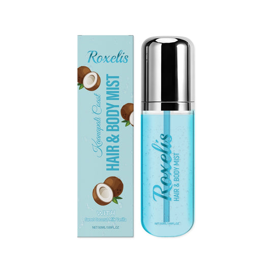 Roxelis Hawaiian Coast Hair & Body Mist with coconut and vanilla, 50ml, in blue bottle and box.