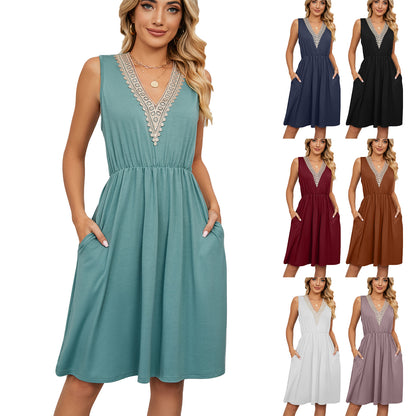 FashionRay sleeveless V-neck knee-length dress with lace trim, available in seven colors