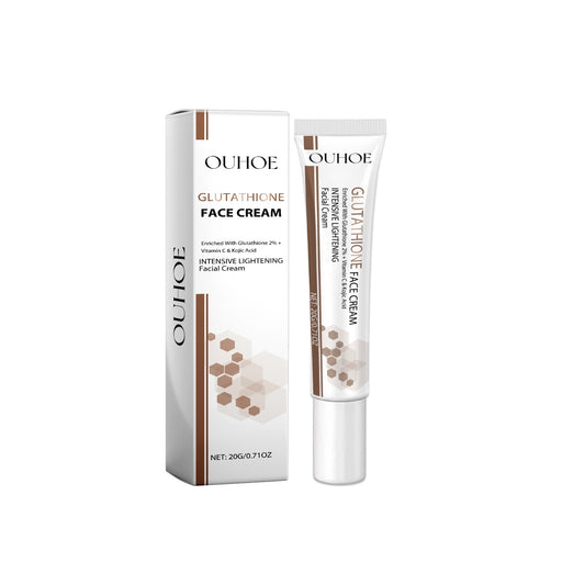OUHOE Glutathione Face Cream and box, lightening facial cream, skincare product on white background