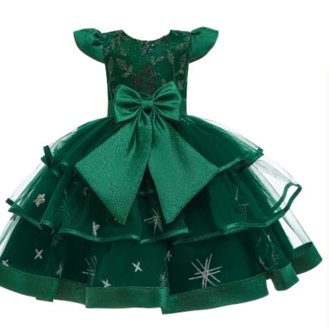 Green girls party dress with large bow and star details, FashionRay kids fashion