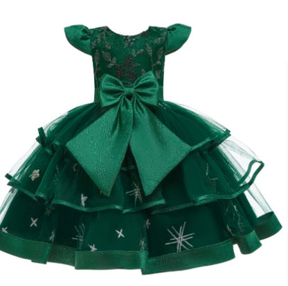 Green girls party dress with large bow and star details, FashionRay kids fashion
