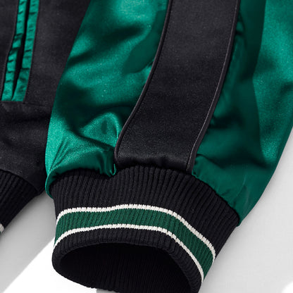 FashionRay green and black satin bomber jacket sleeve with striped ribbed cuff