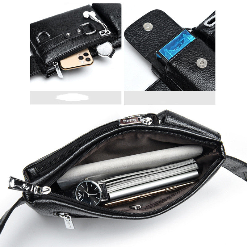 FashionRay black leather crossbody bag with organized compartments, phone, watch, and wallet inside.