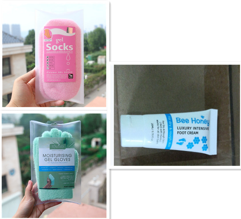 FashionRay gel socks, moisturizing gel gloves, and Bee Honey luxury foot cream on display.