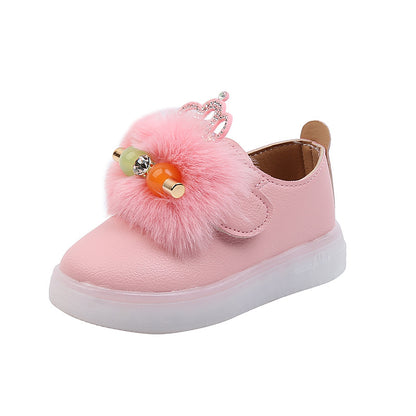 Pink toddler shoe with faux fur pom, crown and bead accents, FashionRay trendy kids footwear