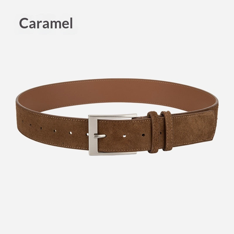 Caramel suede leather belt with silver buckle, stylish accessory at FashionRay