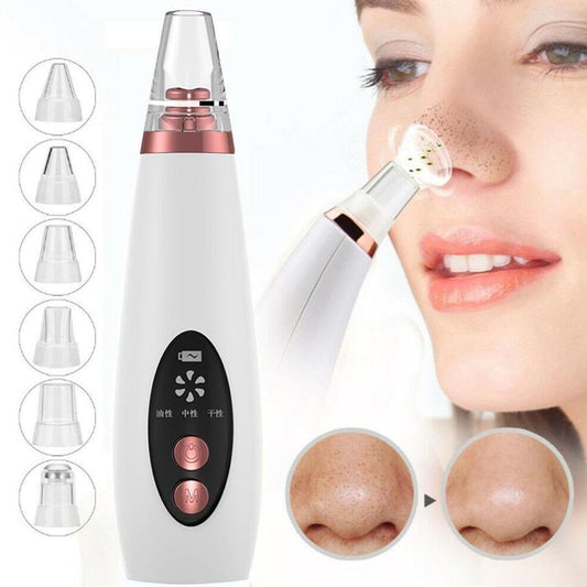 Electric pore vacuum facial cleanser for blackhead removal with multiple suction heads, shown in use on a woman's nose, FashionRay skincare tool.