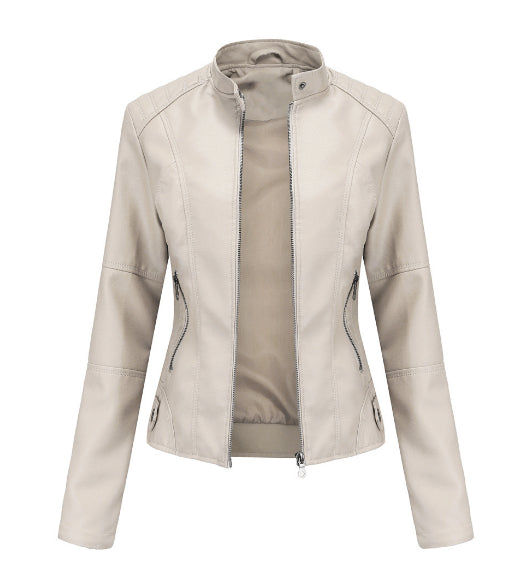 Beige faux leather jacket with zip front and pockets, trendy outerwear by FashionRay