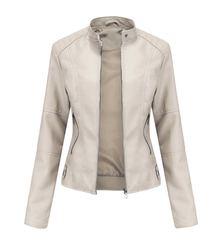 Beige faux leather jacket with zip front and pockets, trendy outerwear by FashionRay