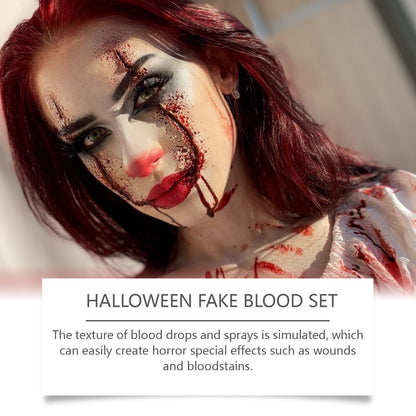 Woman with red hair in dramatic Halloween fake blood makeup and white blouse for FashionRay horror special effects.
