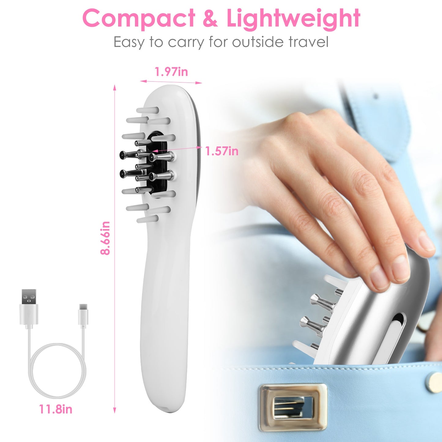 Compact and lightweight electric scalp massager with USB cable, fits easily in a handbag, FashionRay.