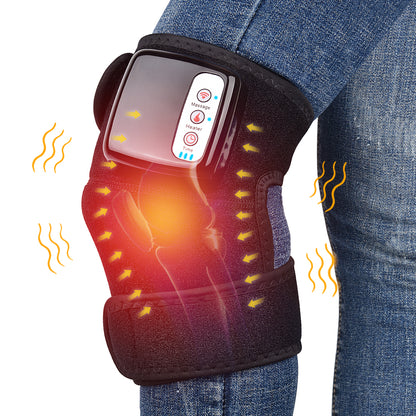 Heated knee massager wrap with digital controls worn over jeans for pain relief