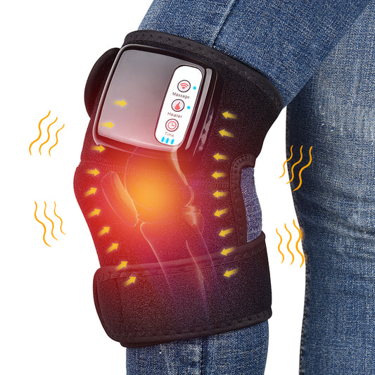 Heated knee massager wrap with digital controls worn over jeans for pain relief