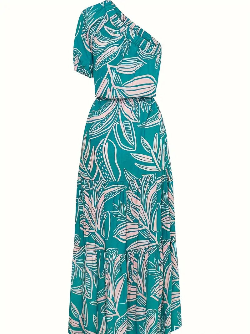 One-shoulder turquoise maxi dress with bold white botanical print, FashionRay style