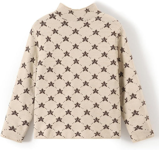 Beige long sleeve sweater with brown star pattern, comfortable trendy fashion from FashionRay