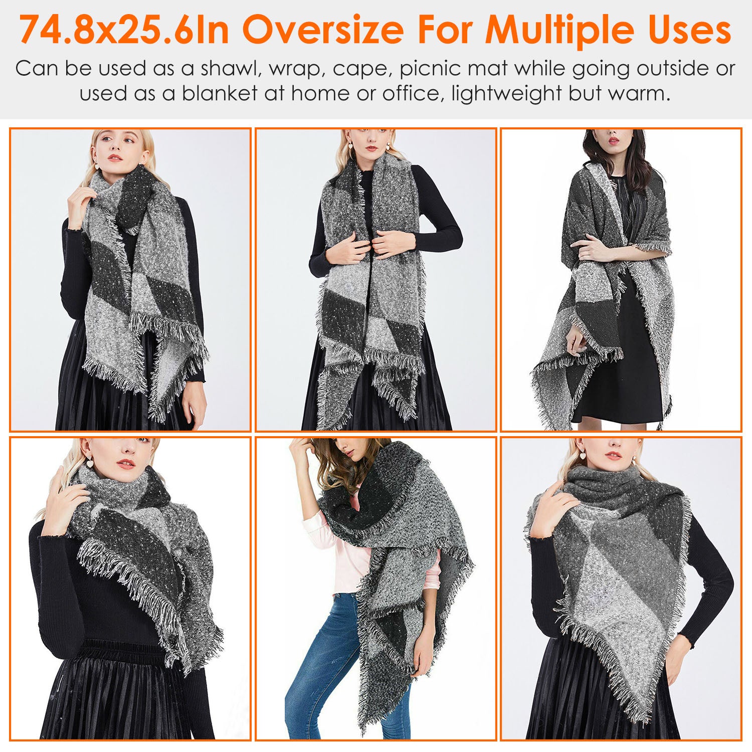 Women modeling oversized gray plaid shawl scarf, versatile wrap from FashionRay