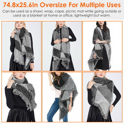 Women modeling oversized gray plaid shawl scarf, versatile wrap from FashionRay