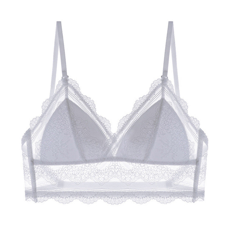 White lace bralette with delicate floral pattern and thin straps, FashionRay trendy lingerie