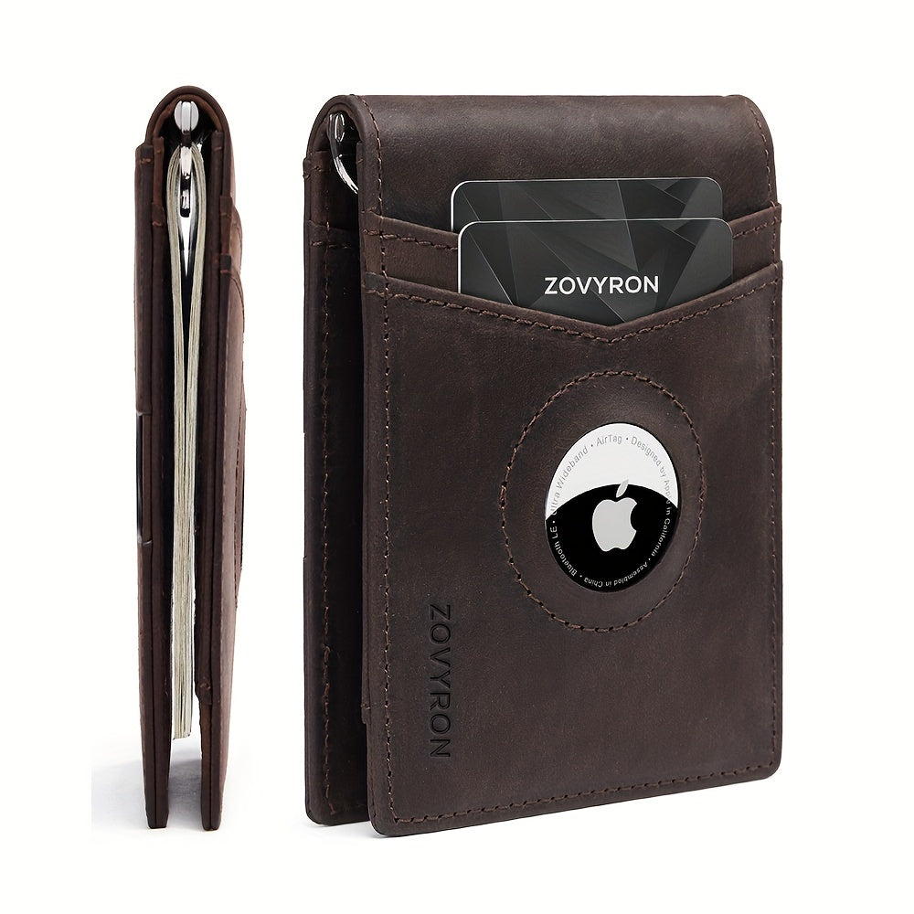 Brown leather wallet with card slots, cash pocket, and AirTag holder, modern accessory