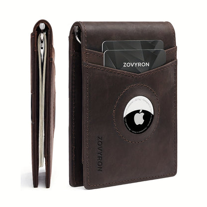 Brown leather wallet with card slots, cash pocket, and AirTag holder, modern accessory