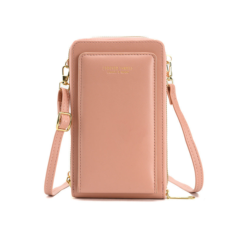 Blush pink crossbody phone wallet with gold hardware from FashionRay, stylish and compact design