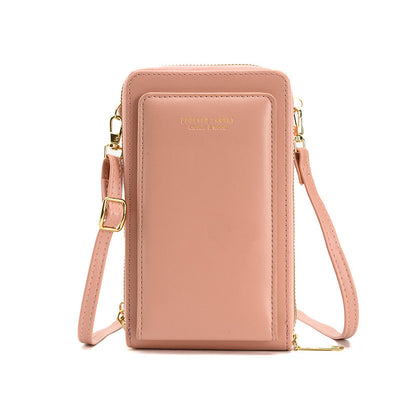 Blush pink crossbody phone wallet with gold hardware from FashionRay, stylish and compact design