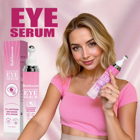 Woman holding Babbosow Eye Serum, pink top, product packaging, FashionRay skincare promo
