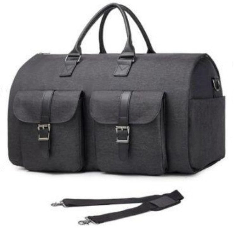 Dark gray fashion duffle bag with dual front pockets, top handles, detachable shoulder strap, FashionRay style