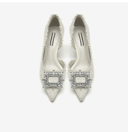 Elegant white textured pointed-toe heels with crystal embellishments, FashionRay style shoes