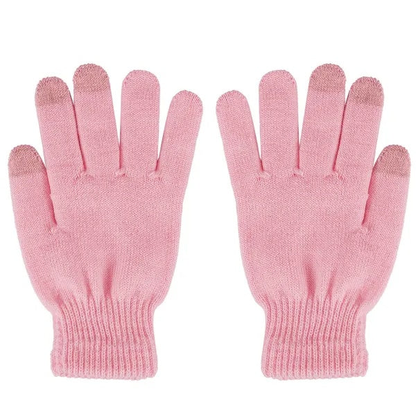 Pink knit touchscreen gloves with ribbed cuffs, trendy winter accessory at FashionRay