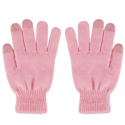 Pink knit touchscreen gloves with ribbed cuffs, trendy winter accessory at FashionRay