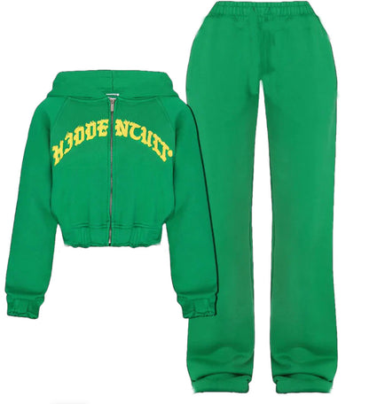 Green zip-up hoodie and sweatpants set with yellow lettering, FashionRay loungewear.