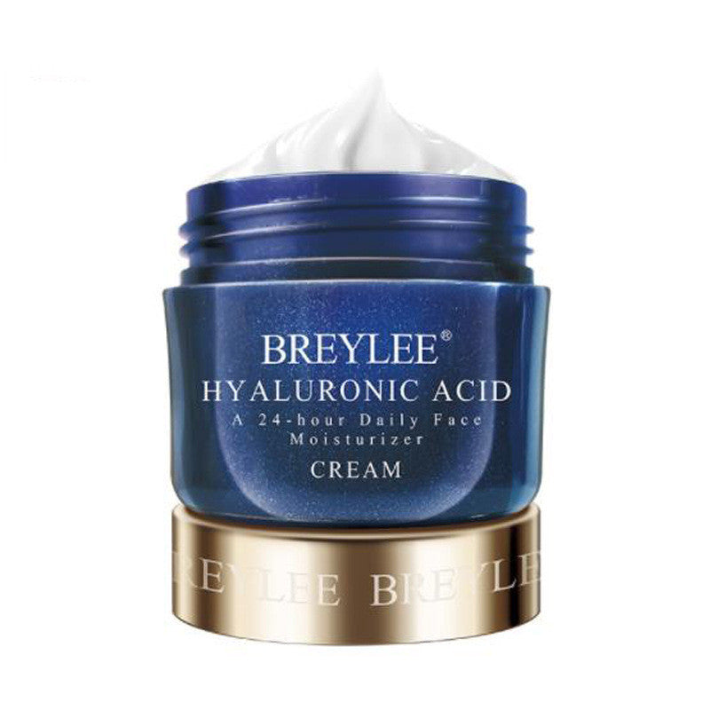 BREYLEE Hyaluronic Acid face moisturizer cream in a blue jar with white cream top, FashionRay skincare