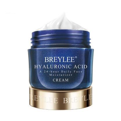 BREYLEE Hyaluronic Acid face moisturizer cream in a blue jar with white cream top, FashionRay skincare