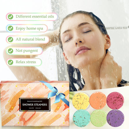 Woman enjoying relaxing shower with aromatherapy shower steamers, essential oils, and product box