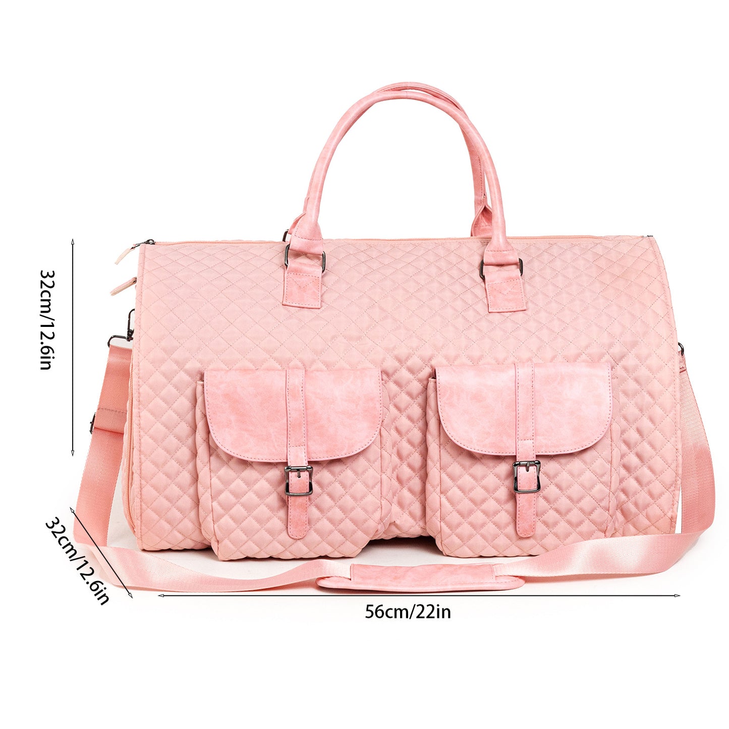 Quilted pink travel duffel bag with front pockets, adjustable strap, FashionRay style, 56cm wide
