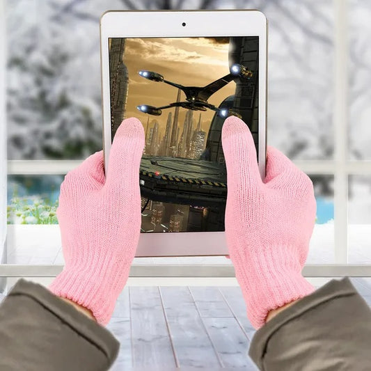 Hands in pink gloves holding a tablet with a futuristic city scene, FashionRay style