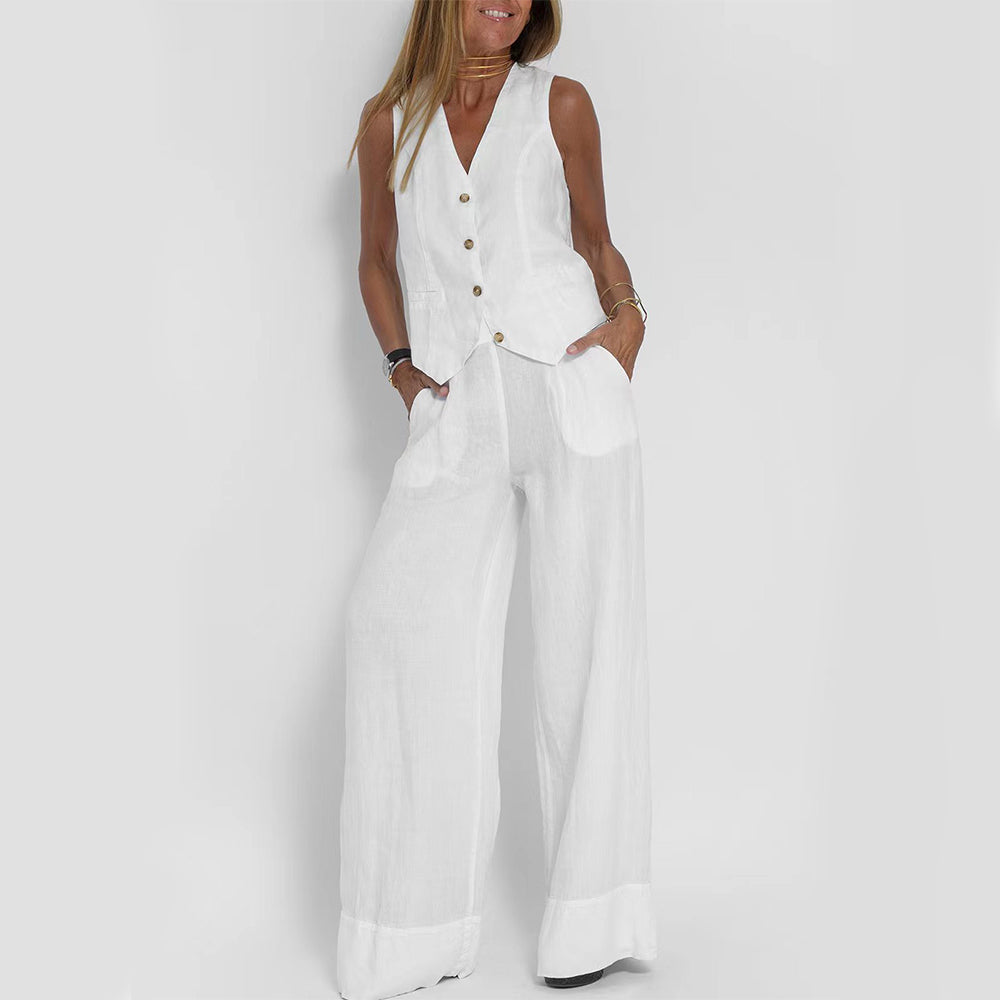Woman wearing a white sleeveless buttoned vest and wide-leg pants, FashionRay style