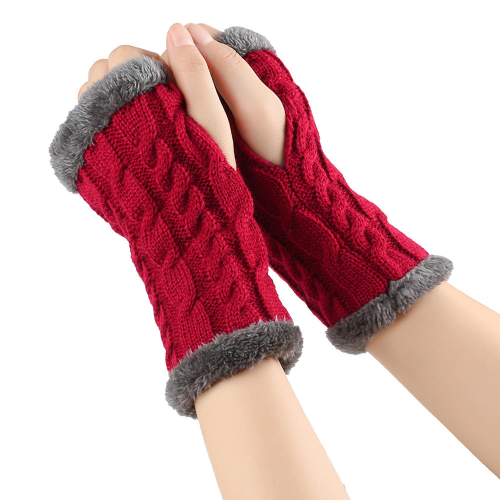 Red knit fingerless gloves with gray faux fur trim, cozy winter accessory by FashionRay