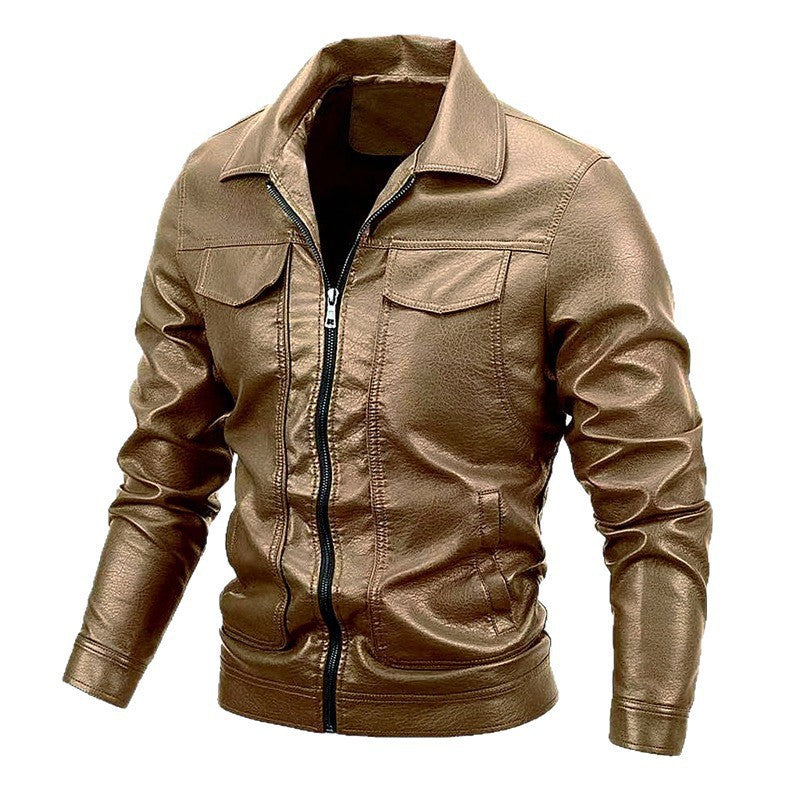 Men's brown faux leather jacket with front zipper and chest pockets, FashionRay style